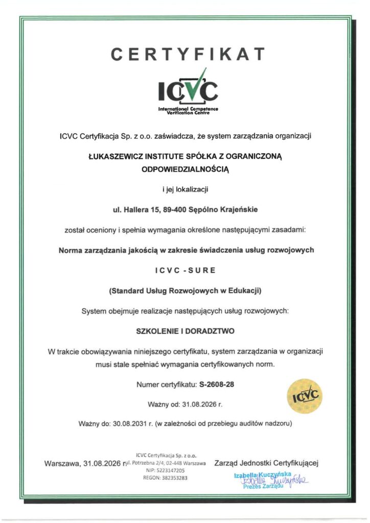 Certyfikat ICVC-SURE dla Łukaszewicz Institute – standard usług rozwojowych w edukacji (szkolenie i doradztwo)