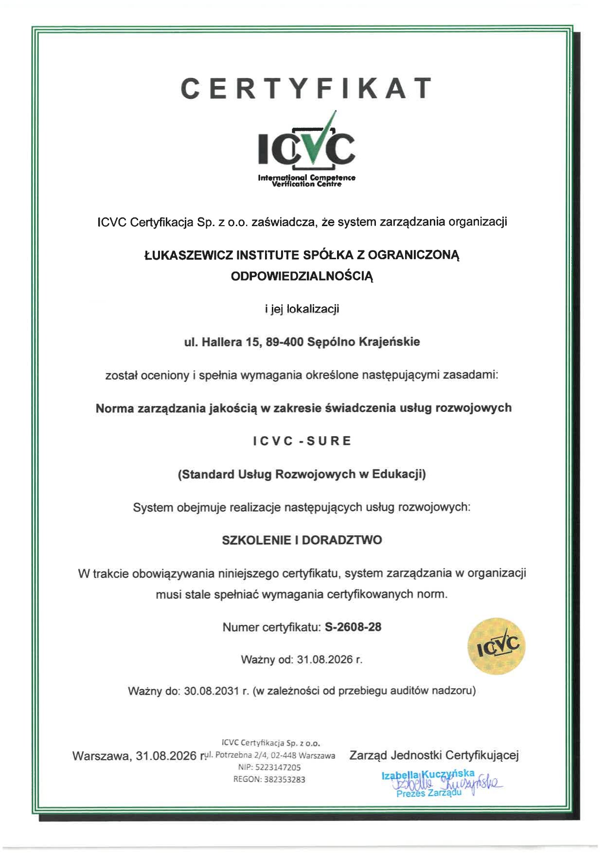 Certyfikat ICVC-SURE dla Łukaszewicz Institute – standard usług rozwojowych w edukacji (szkolenie i doradztwo)